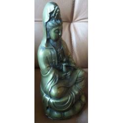 antiek Quan Yin beeld brons op lotusbloem. hoog 22,5 cm.