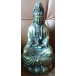 antiek Quan Yin beeld brons op lotusbloem. hoog 22,5 cm.