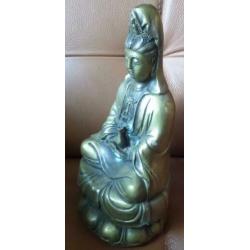 antiek Quan Yin beeld brons op lotusbloem. hoog 22,5 cm.