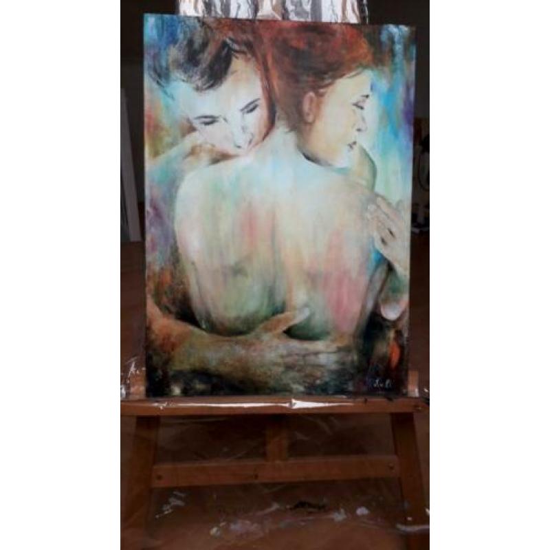 Uniek groot modern schilderij man vrouw 70x50cm / Tenderness