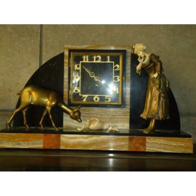 art deco pendule beeld meisje hinde 3-delige schouwgarnituur