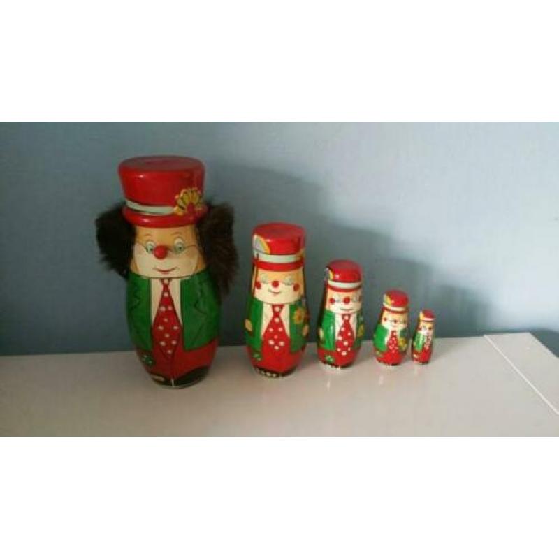 Vintage houten clown babuskha beeldjes 5 stuks