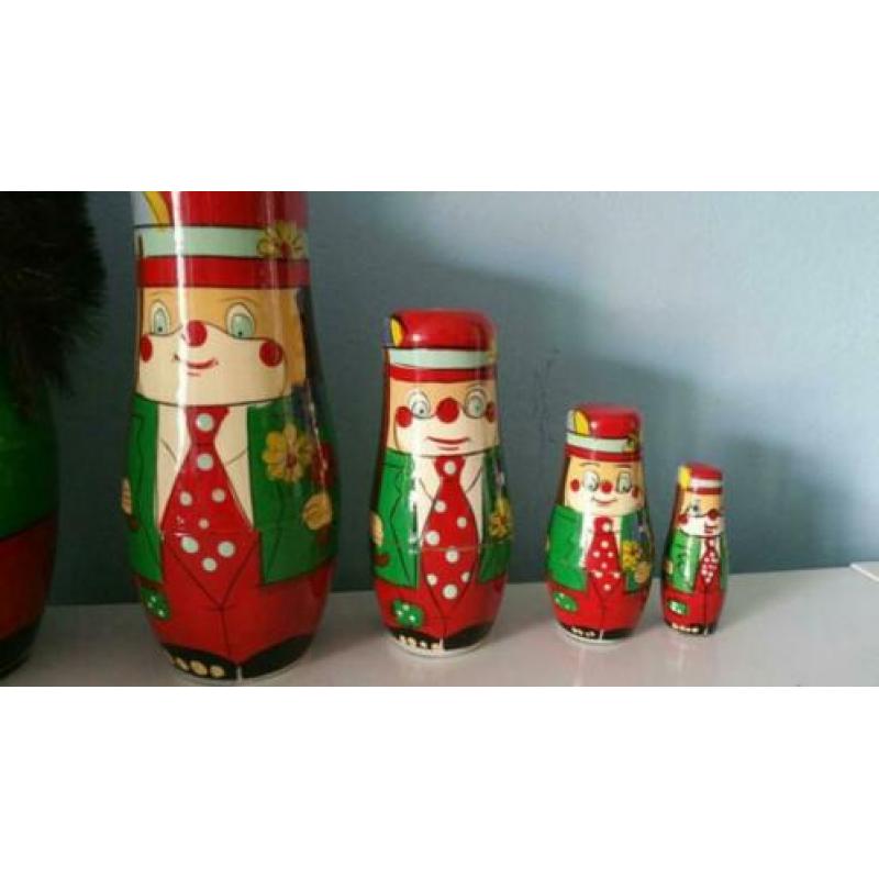 Vintage houten clown babuskha beeldjes 5 stuks