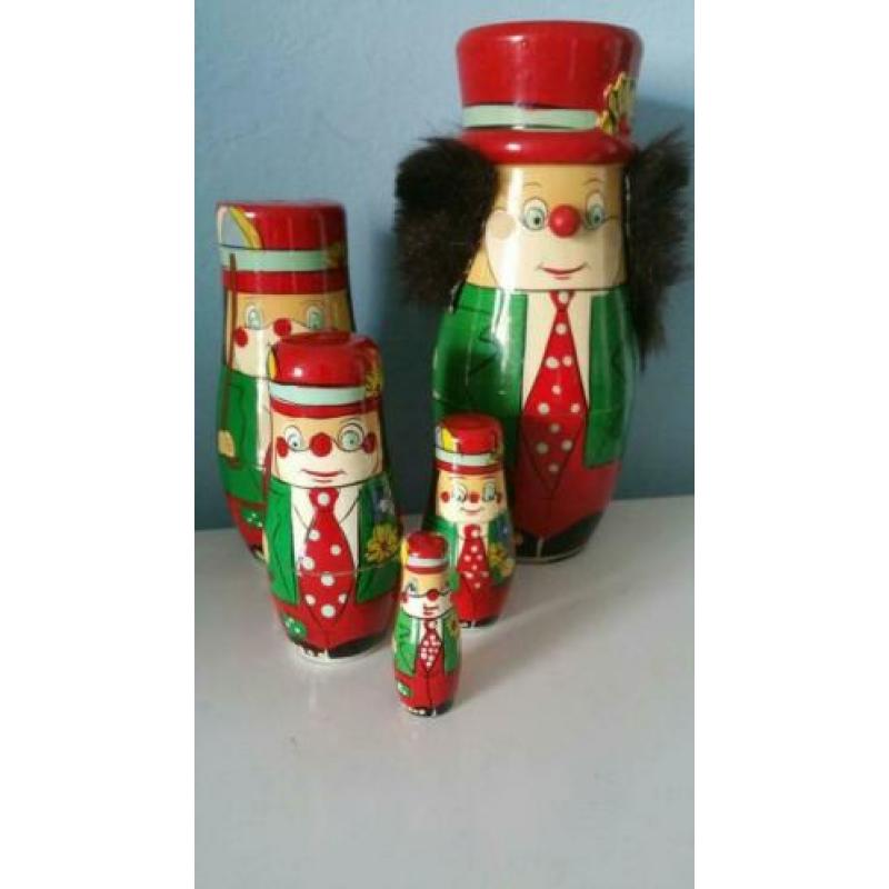 Vintage houten clown babuskha beeldjes 5 stuks